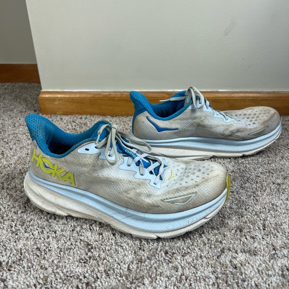 Hoka One One Clifton 9 Mens 10.5 Ice Water Evening Primrose Running Shoes Road